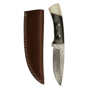 elTORO Buffalo Bone - Damascus - Hunting Knife - 11cm - incl. Leather Sheath