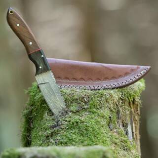 elTORO Walnut Horn - Damascus - Hunting Knife - 10cm - incl. Leather Sheath