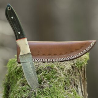 elTORO Buffalo Horn - Damast - Jagdmesser - 10cm - inkl. Lederscheide