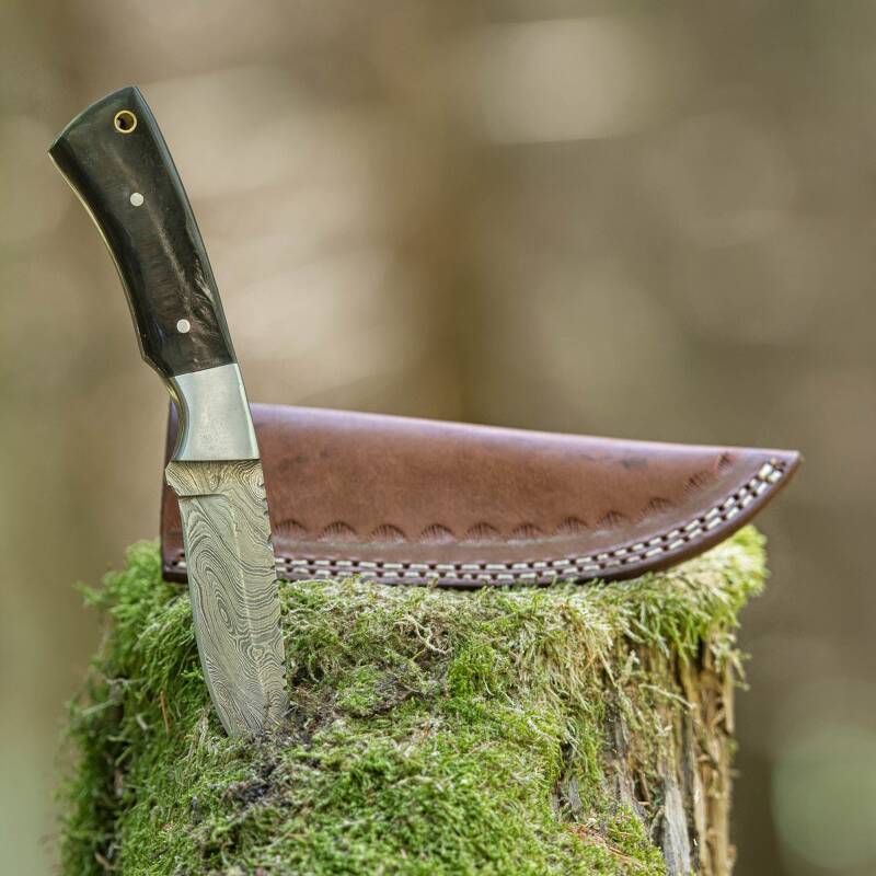 elTORO Steel Horn - Damast - Jagdmesser - 10cm - inkl. Lederscheide