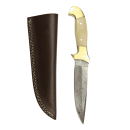 elTORO Double Brass Bone - Damascus - Hunting Knife - 13cm - incl. Leather Sheath