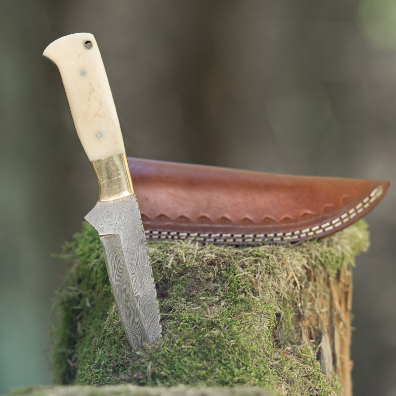 elTORO Brass Bone - Damast - Jagdmesser - 12cm - inkl. Lederscheide