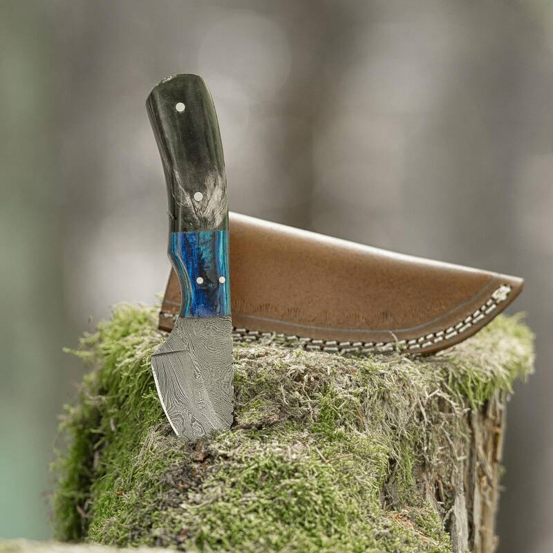 elTORO Wood Horn - Damast - Jagdmesser - 7cm - inkl. Lederscheide