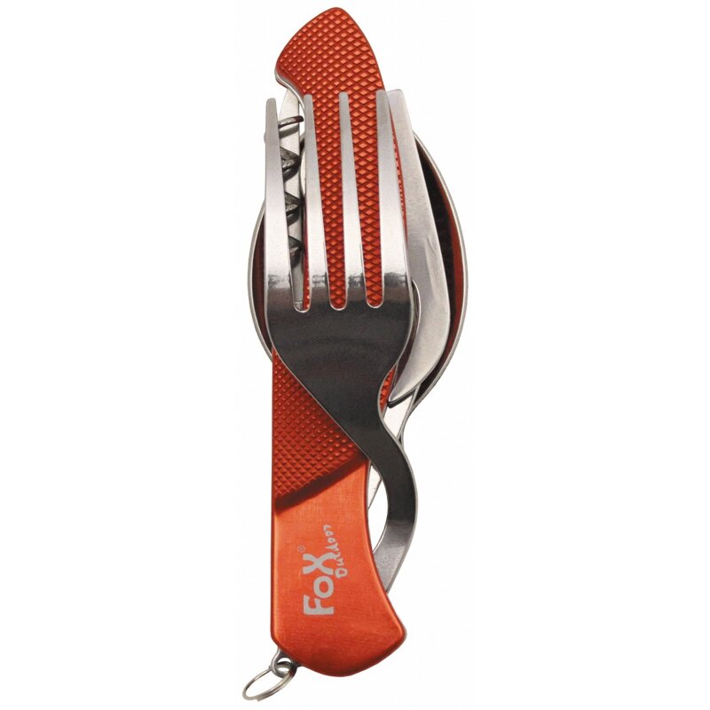 Fox Outdoor Taschenmesserbesteck 6 in 1 rot teilbar Messer Gabel Löffel Öffner