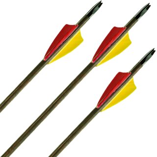 RESTPOST | Complete Arrow | BSW Blackwood - Wood - with Feathers | Strong Bows 45-65 lbs | Ø 11/32 inches - 2x Red / 1x Yellow | 32,0 inch.